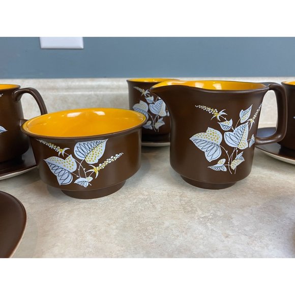 Crown Devon Open Sugar Bowl & Creamer With 5 Cups And Saucers Brown And Orange - Picture 3 of 5